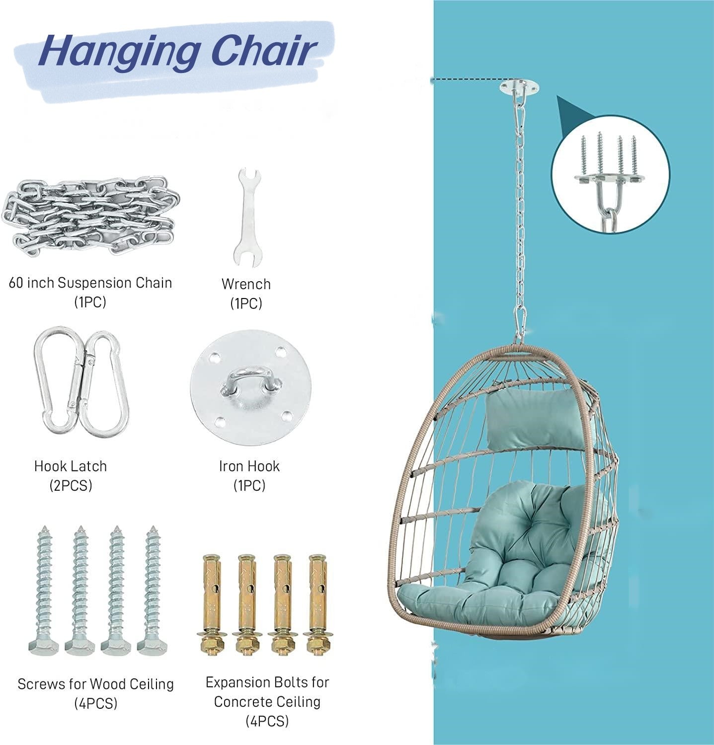 Melysen Outdoor Garden Rattan Egg Swing Chair Hanging Chair Wood+Khaki