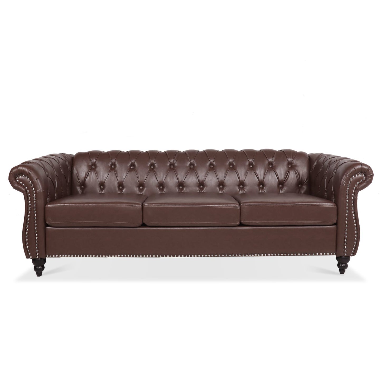 Melysen 84.65" Pu Rolled Arm Chesterfield 3seater Sofa,Dark Brown