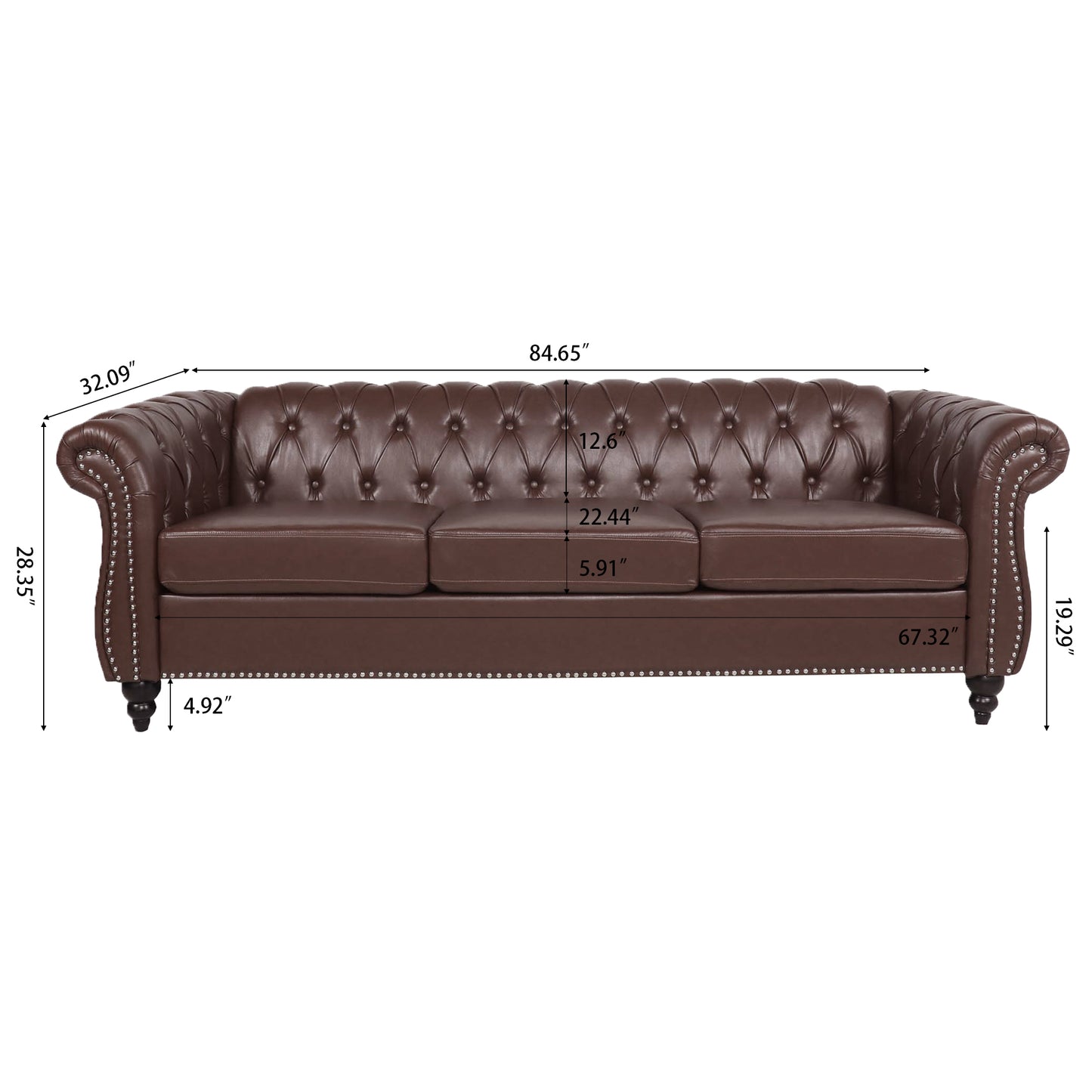 Melysen 84.65" Pu Rolled Arm Chesterfield 3seater Sofa,Dark Brown