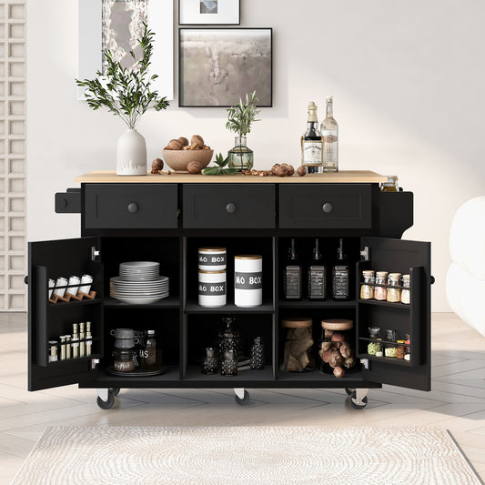 Melysen Kitchen Cart with Rubber wood Drop-Leaf Countertop ,Cabinet door internal storage racks,Kitchen Island on 5 Wheels with Storage Cabinet and 3 Drawers for Dinning Room, Black