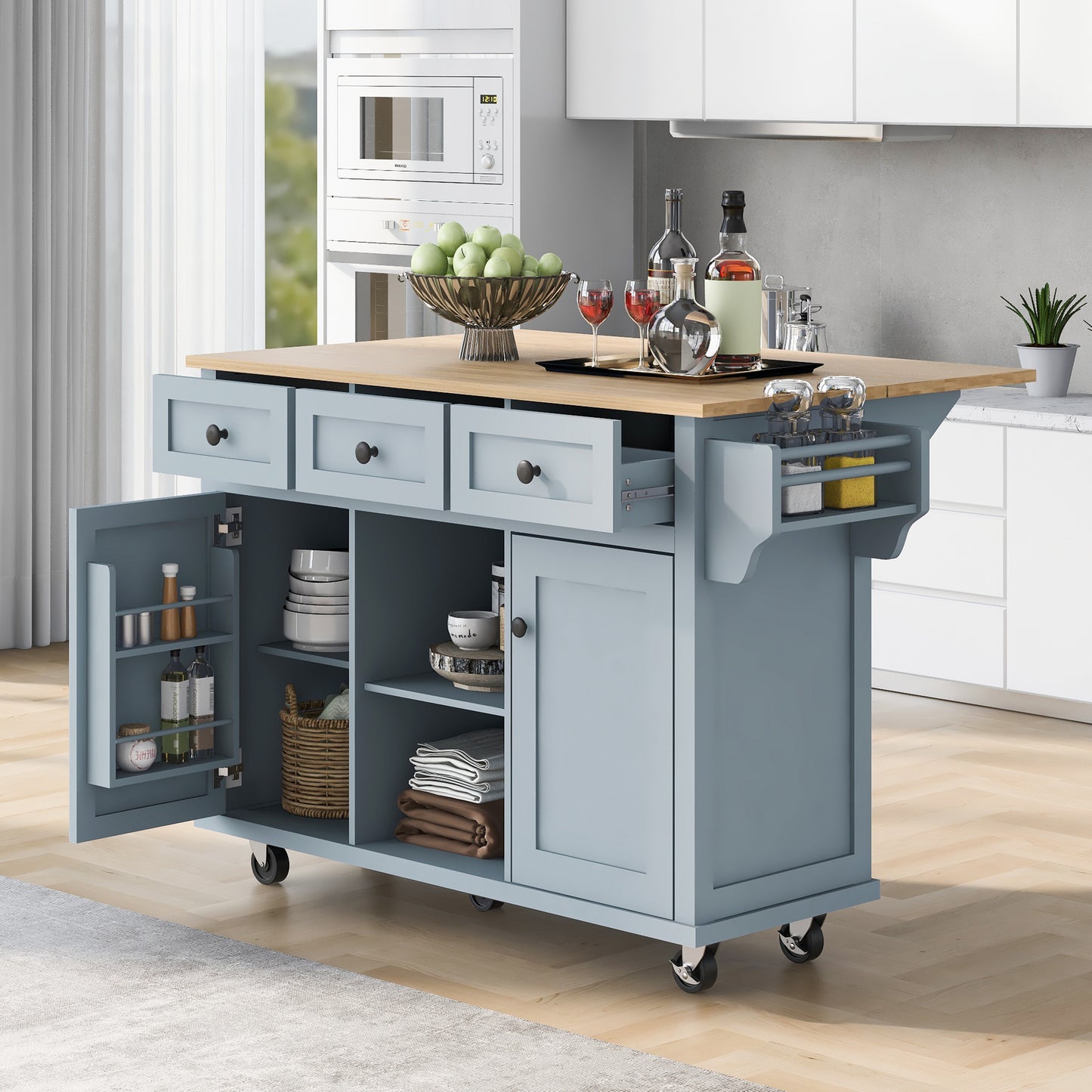 Melysen Kitchen Cart with Rubber wood Drop-Leaf Countertop ,Cabinet door internal storage racks,Kitchen Island on 5 Wheels with Storage Cabinet and 3 Drawers for Dinning Room, Grey Blue