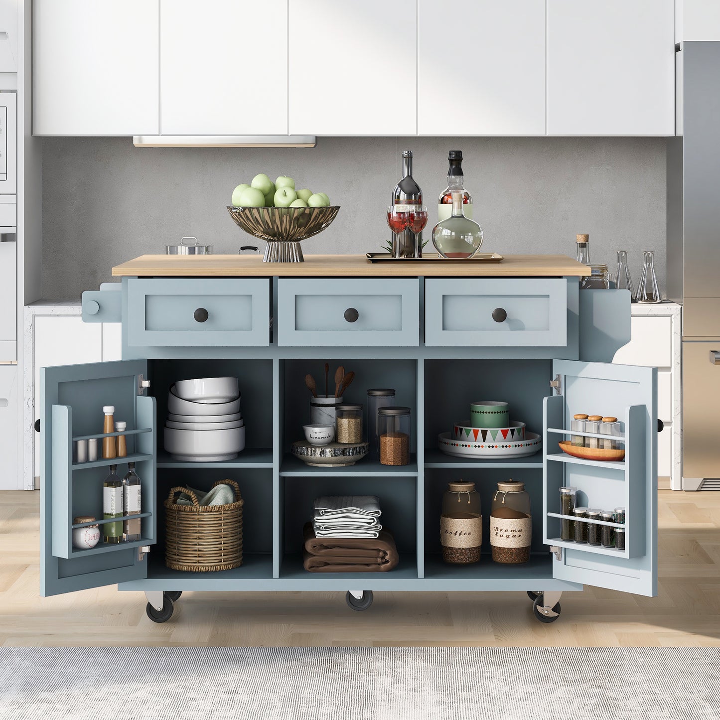 Melysen Kitchen Cart with Rubber wood Drop-Leaf Countertop ,Cabinet door internal storage racks,Kitchen Island on 5 Wheels with Storage Cabinet and 3 Drawers for Dinning Room, Grey Blue