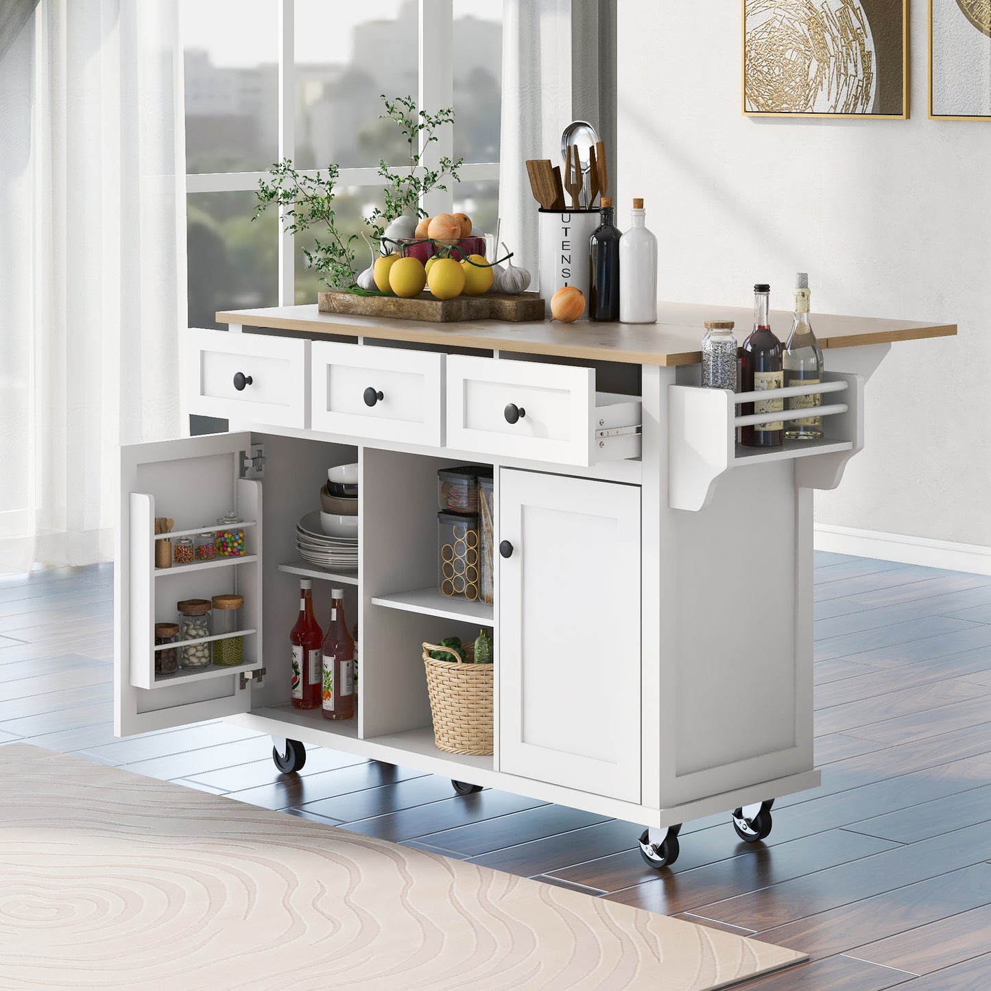 Melysen Kitchen Cart with Rubber wood Drop-Leaf Countertop ,Cabinet door internal storage racks,Kitchen Island on 5 Wheels with Storage Cabinet and 3 Drawers for Dinning Room,White