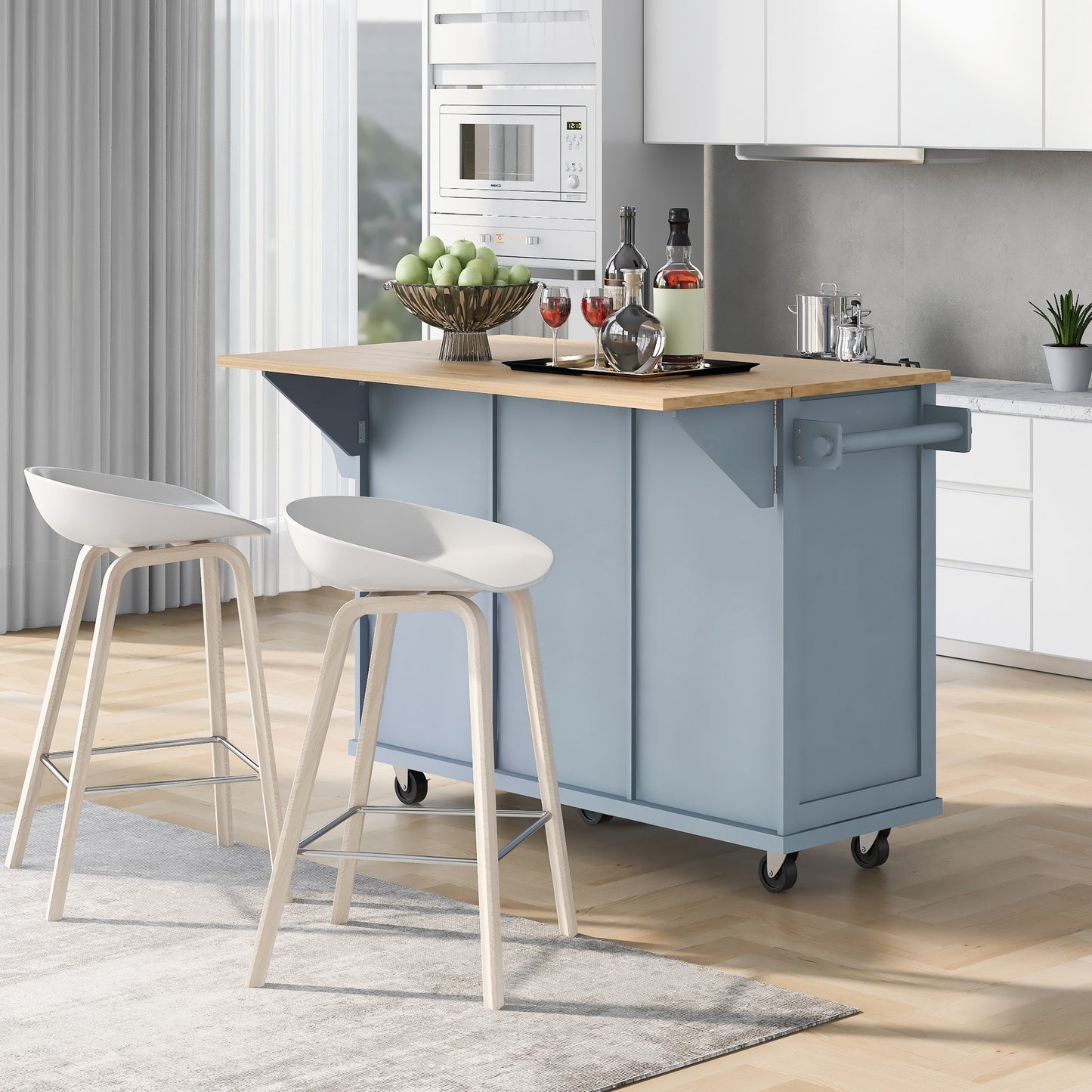 Melysen Kitchen Cart with Rubber wood Drop-Leaf Countertop ,Cabinet door internal storage racks,Kitchen Island on 5 Wheels with Storage Cabinet and 3 Drawers for Dinning Room, Grey Blue