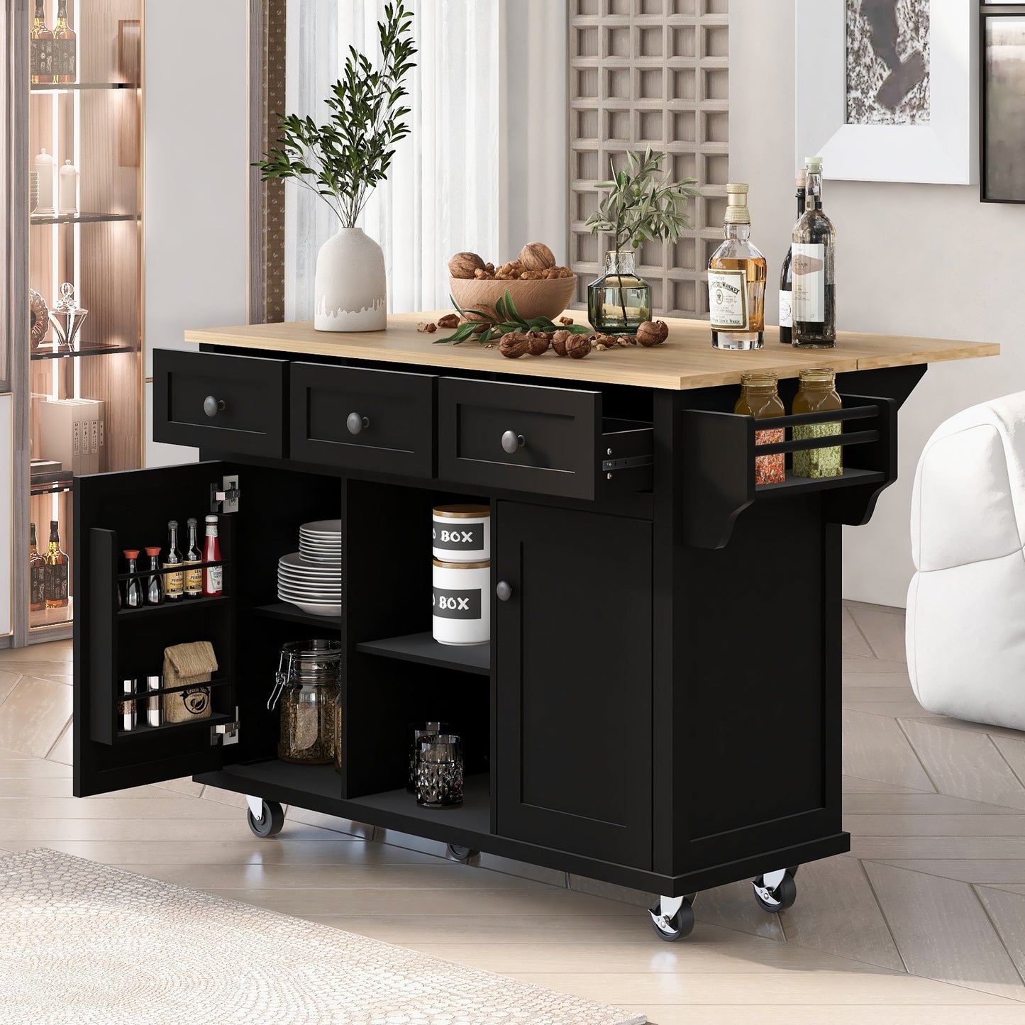 Melysen Kitchen Cart with Rubber wood Drop-Leaf Countertop ,Cabinet door internal storage racks,Kitchen Island on 5 Wheels with Storage Cabinet and 3 Drawers for Dinning Room, Black