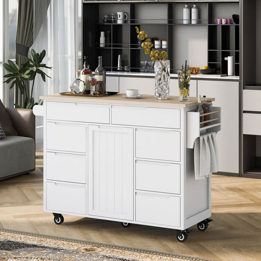 Melysen Kitchen Cart with Rubber Wood Countertop , Kitchen Island has 8 Handle-Free Drawers Including a Flatware Organizer and 5 Wheels for Kitchen Dinning Room, White