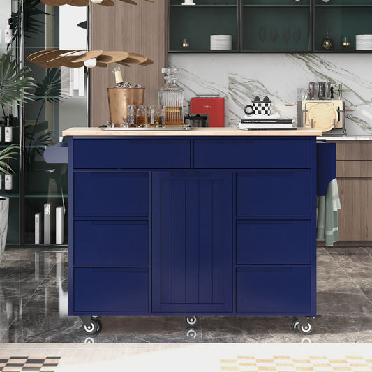 Melysen Kitchen Cart with Rubber Wood Countertop , Kitchen Island has 8 Handle-Free Drawers Including a Flatware Organizer and 5 Wheels for Kitchen Dinning Room, Dark Blue