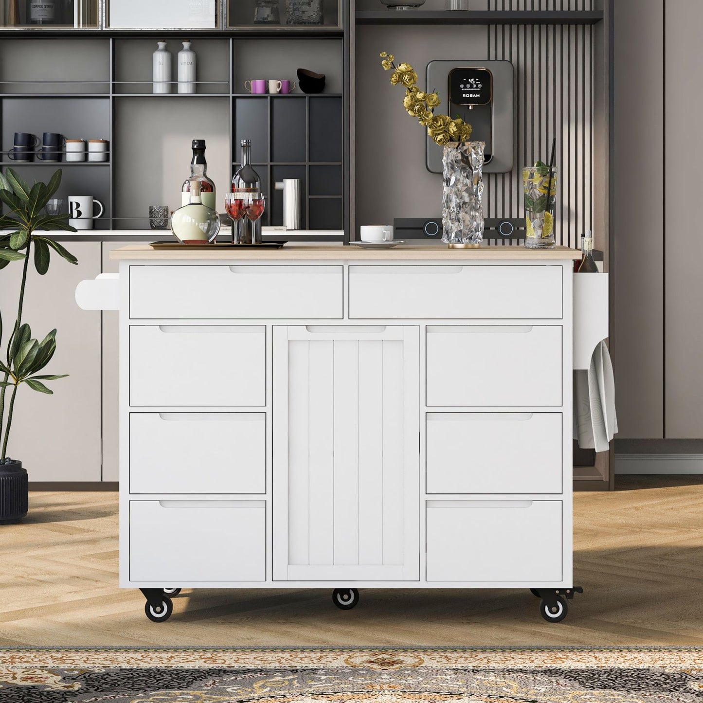 Melysen Kitchen Cart with Rubber Wood Countertop , Kitchen Island has 8 Handle-Free Drawers Including a Flatware Organizer and 5 Wheels for Kitchen Dinning Room, White