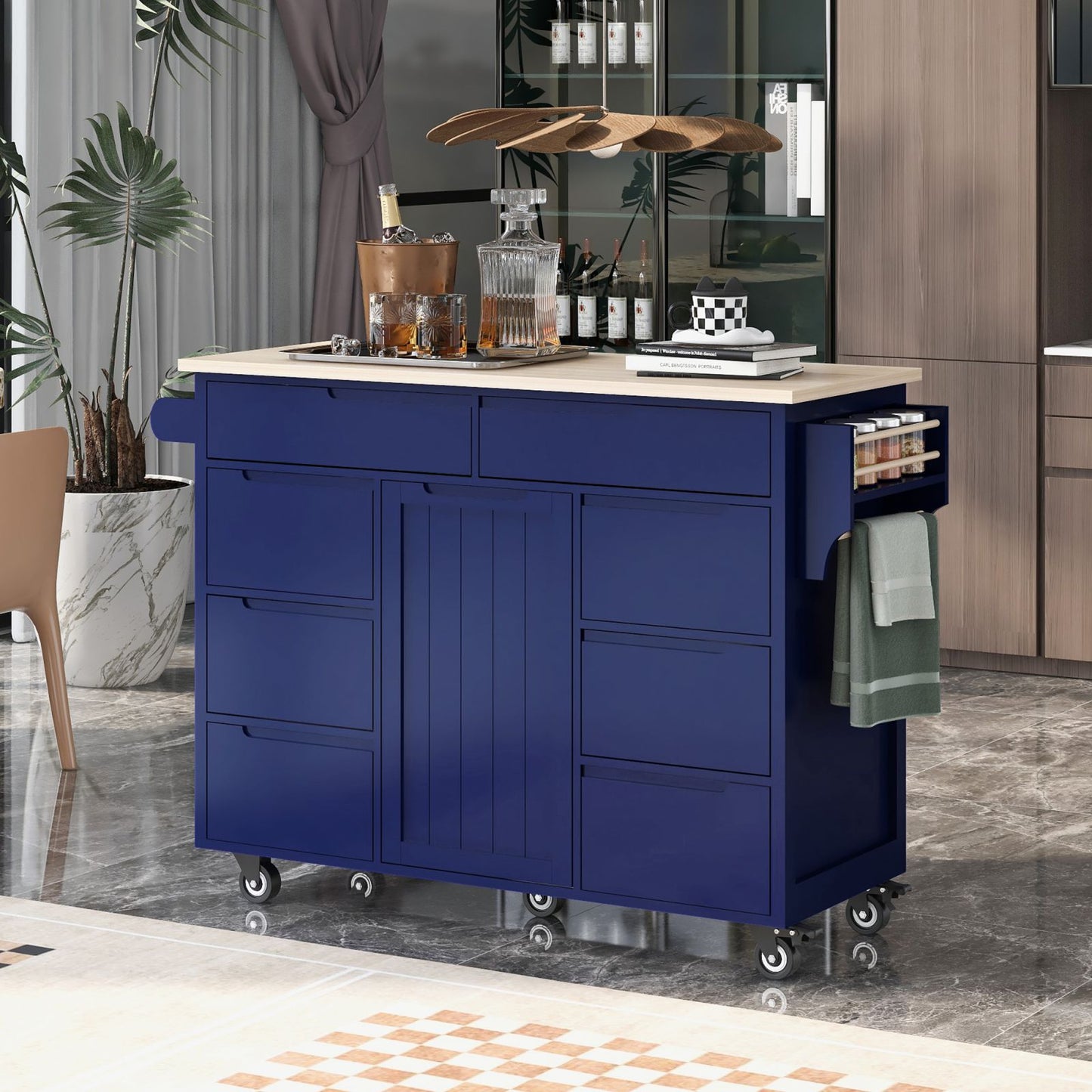 Melysen Kitchen Cart with Rubber Wood Countertop , Kitchen Island has 8 Handle-Free Drawers Including a Flatware Organizer and 5 Wheels for Kitchen Dinning Room, Dark Blue