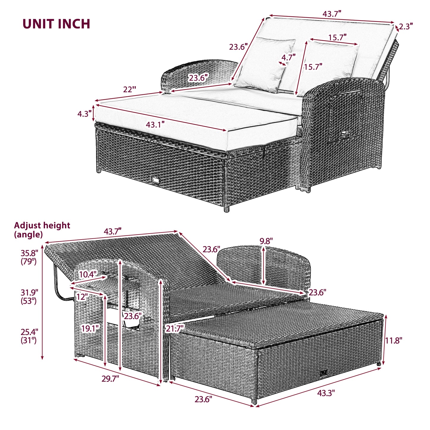 Melysen PE Wicker Rattan Double Chaise Lounge, 2-Person Reclining Daybed with Adjustable Back and Cushions, Free Furniture Protection Cover