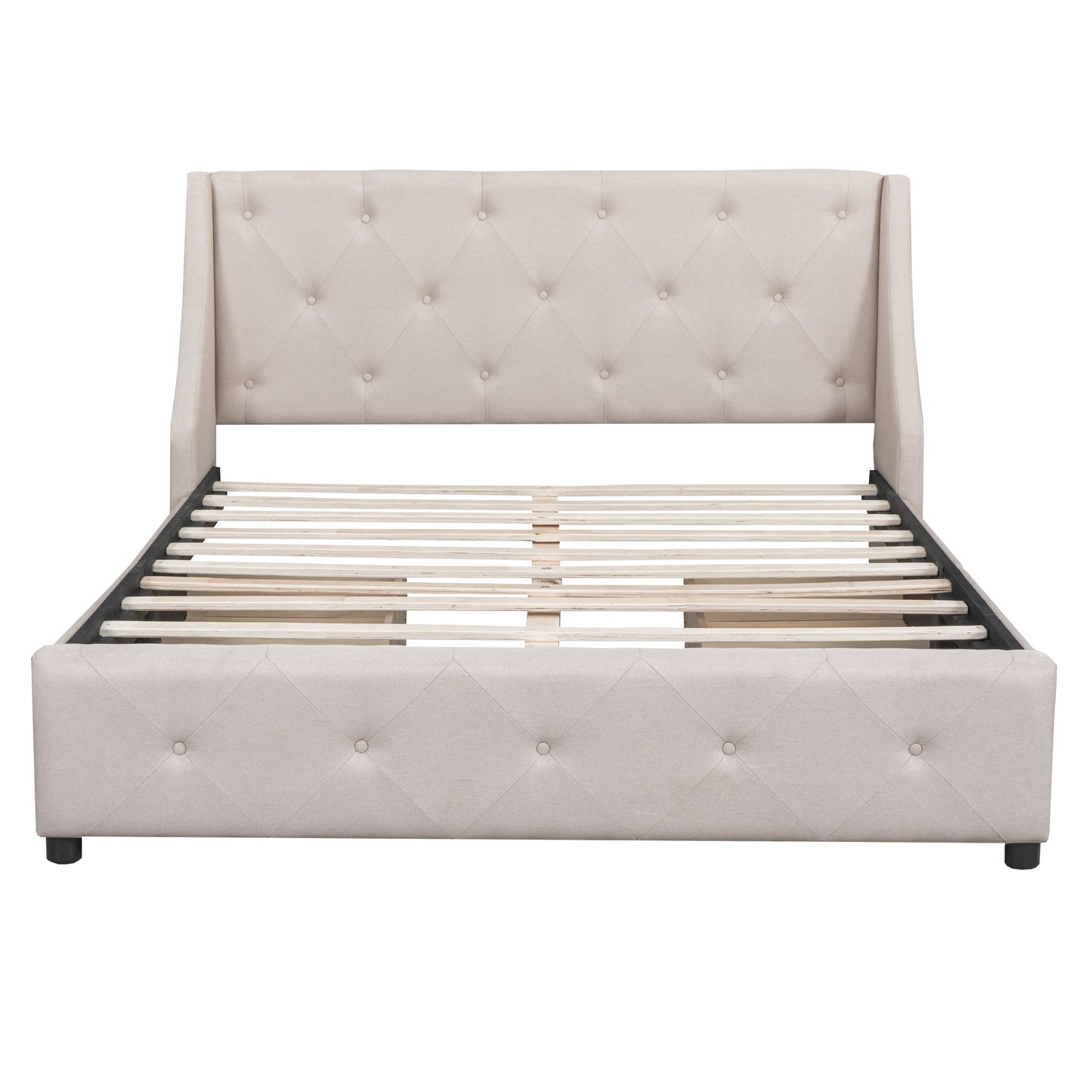 Melysen Upholstered Platform Bed with Wingback Tufted Headboard and 4 Drawers, No Box Spring Needed, Linen Fabric, Queen Size