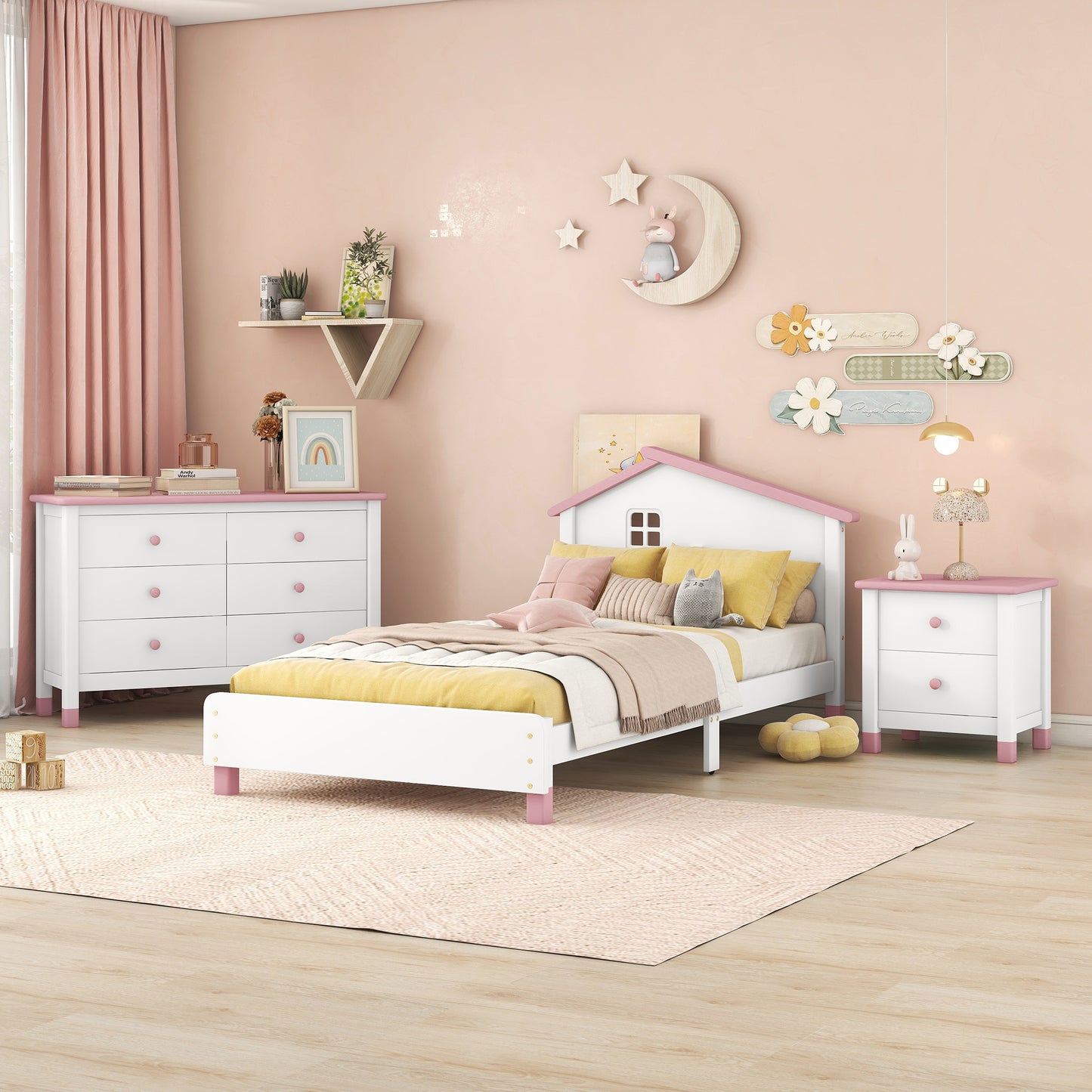 Melysen 3-Pieces Bedroom Sets Twin Size Platform Bed with Nightstand and Storage dresser,White+Pink