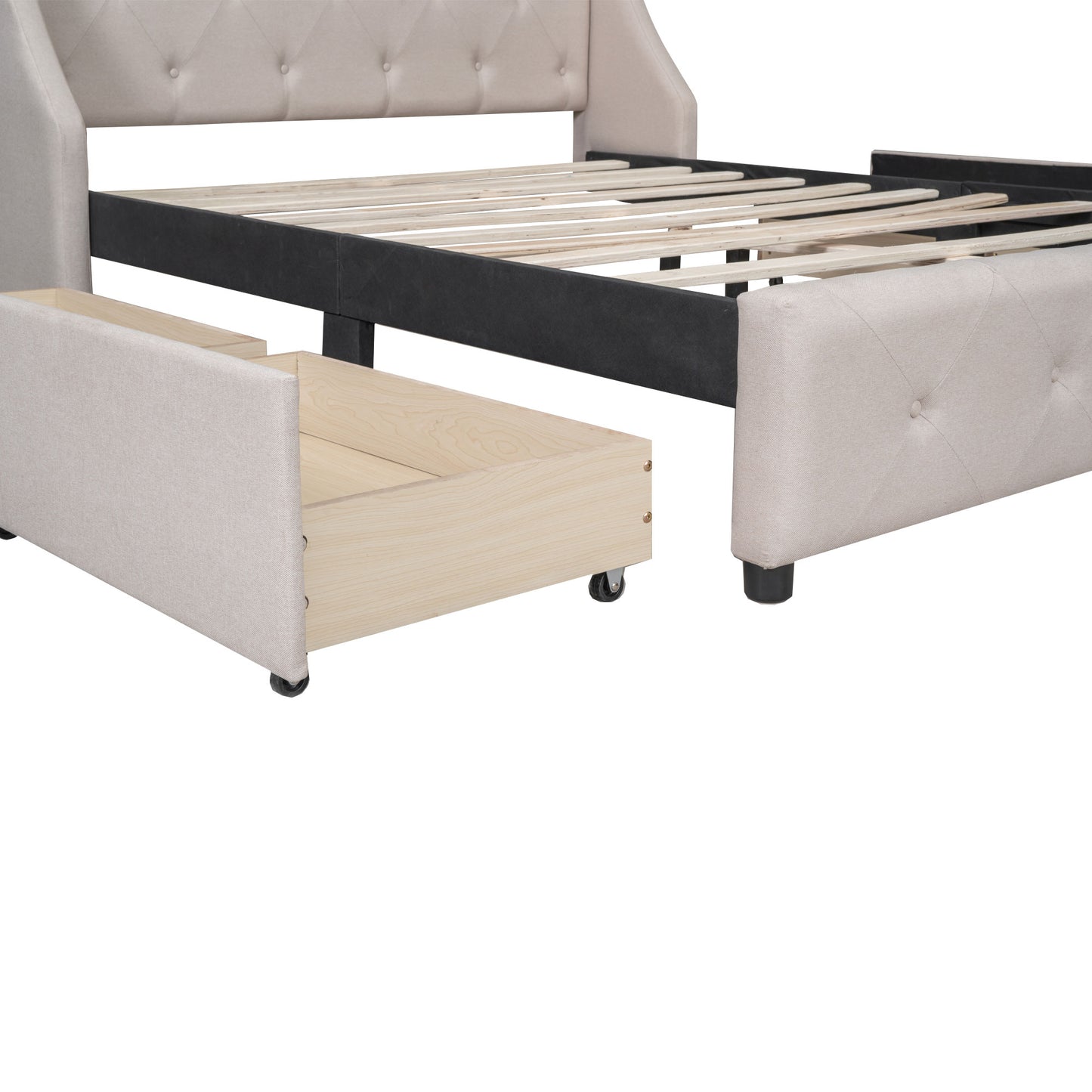 Melysen Upholstered Platform Bed with Wingback Tufted Headboard and 4 Drawers, No Box Spring Needed, Linen Fabric, Queen Size