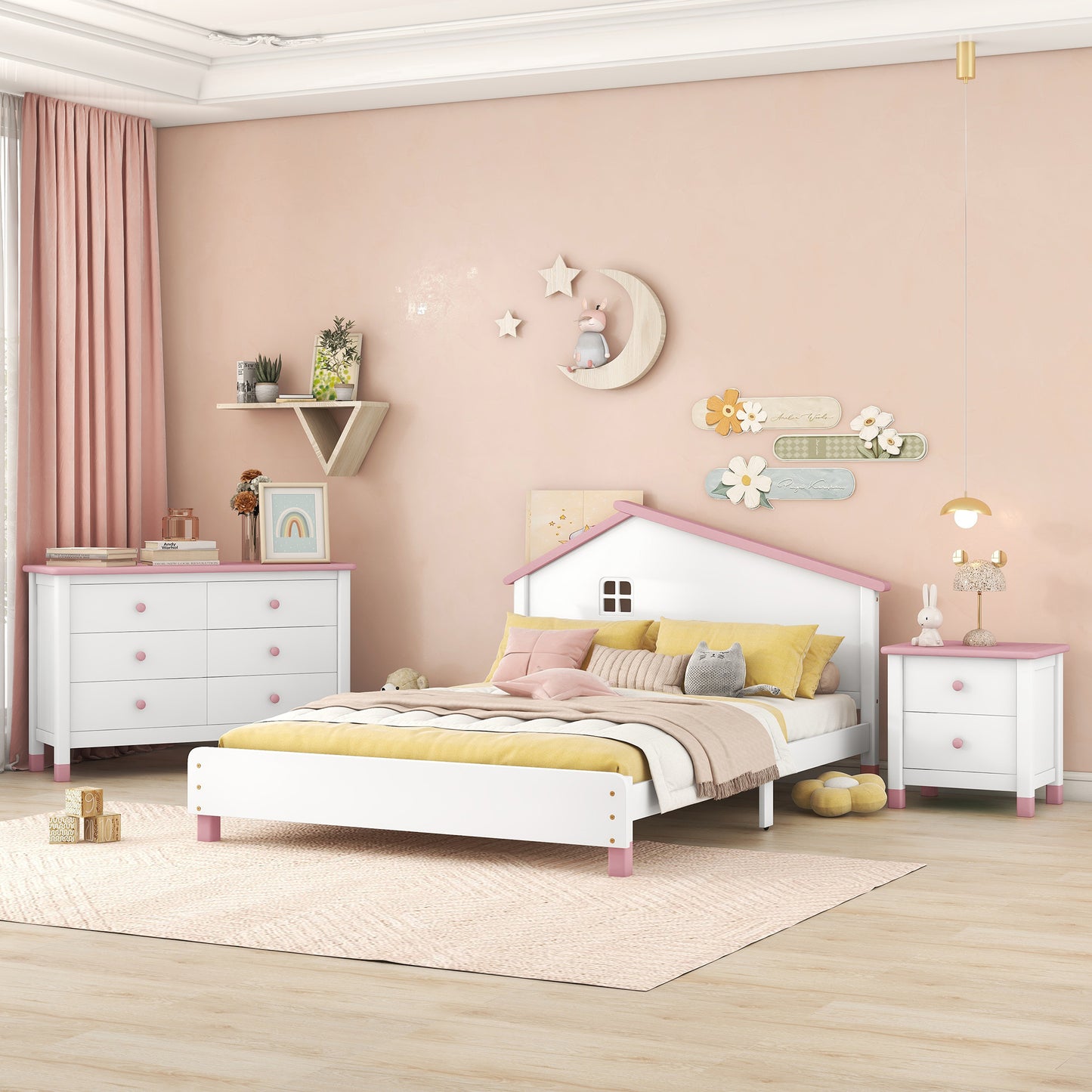 Melysen 3-Pieces Bedroom Sets Full Size Platform Bed with Nightstand and Storage dresser,White+Pink