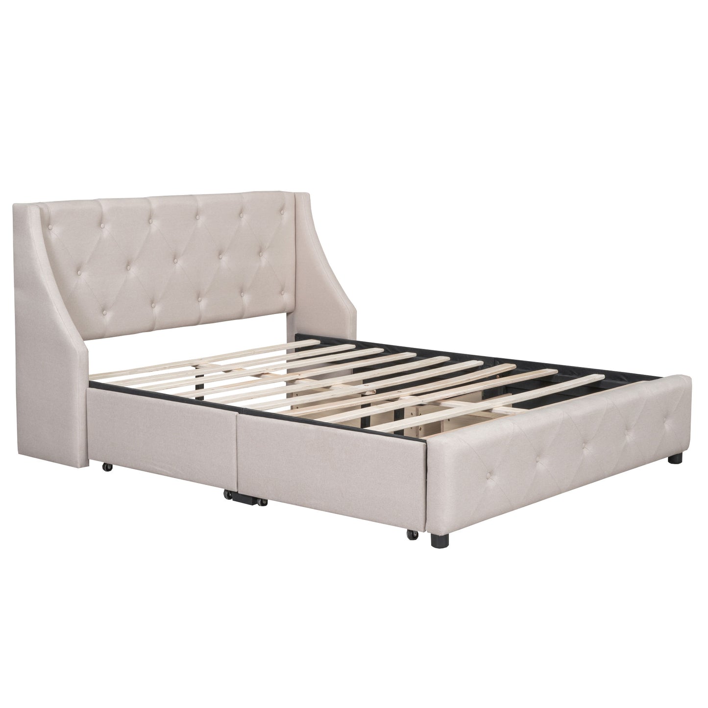 Melysen Upholstered Platform Bed with Wingback Tufted Headboard and 4 Drawers, No Box Spring Needed, Linen Fabric, Queen Size