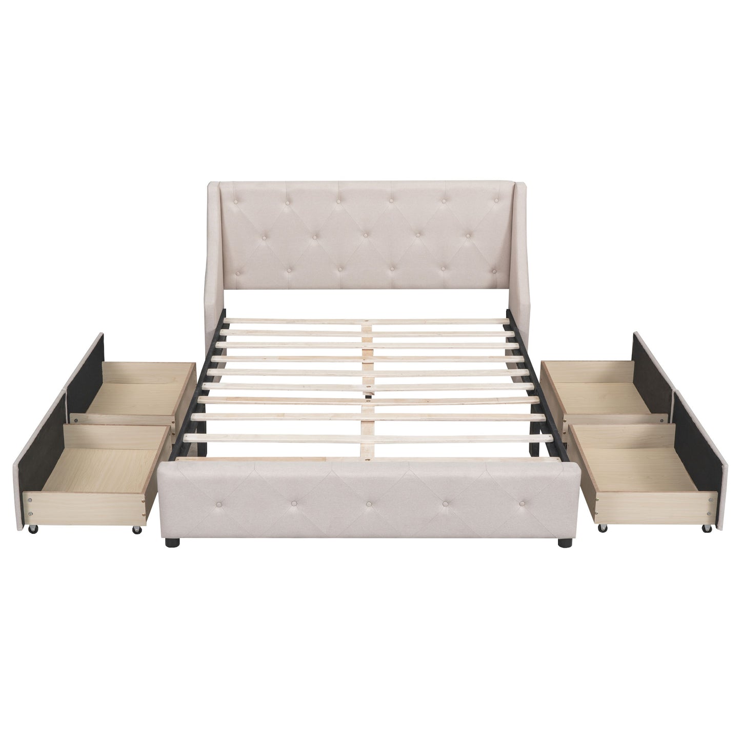 Melysen Upholstered Platform Bed with Wingback Tufted Headboard and 4 Drawers, No Box Spring Needed, Linen Fabric, Queen Size