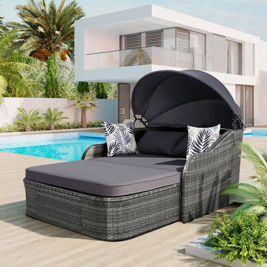 Melysen 79.9" Outdoor Sunbed with Adjustable Canopy, Double lounge, PE Rattan Daybed, Gray Wicker+Cushion