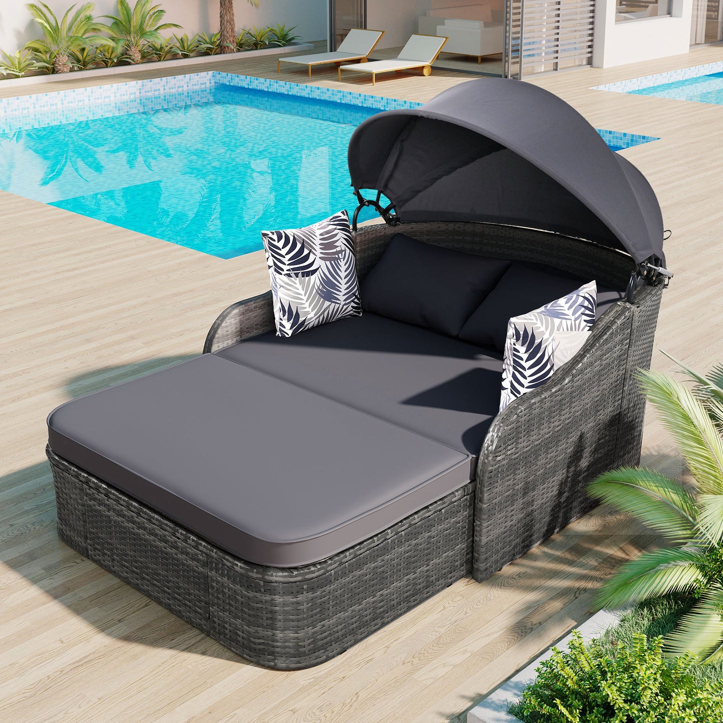 Melysen 79.9" Outdoor Sunbed with Adjustable Canopy, Double lounge, PE Rattan Daybed, Gray Wicker+Cushion