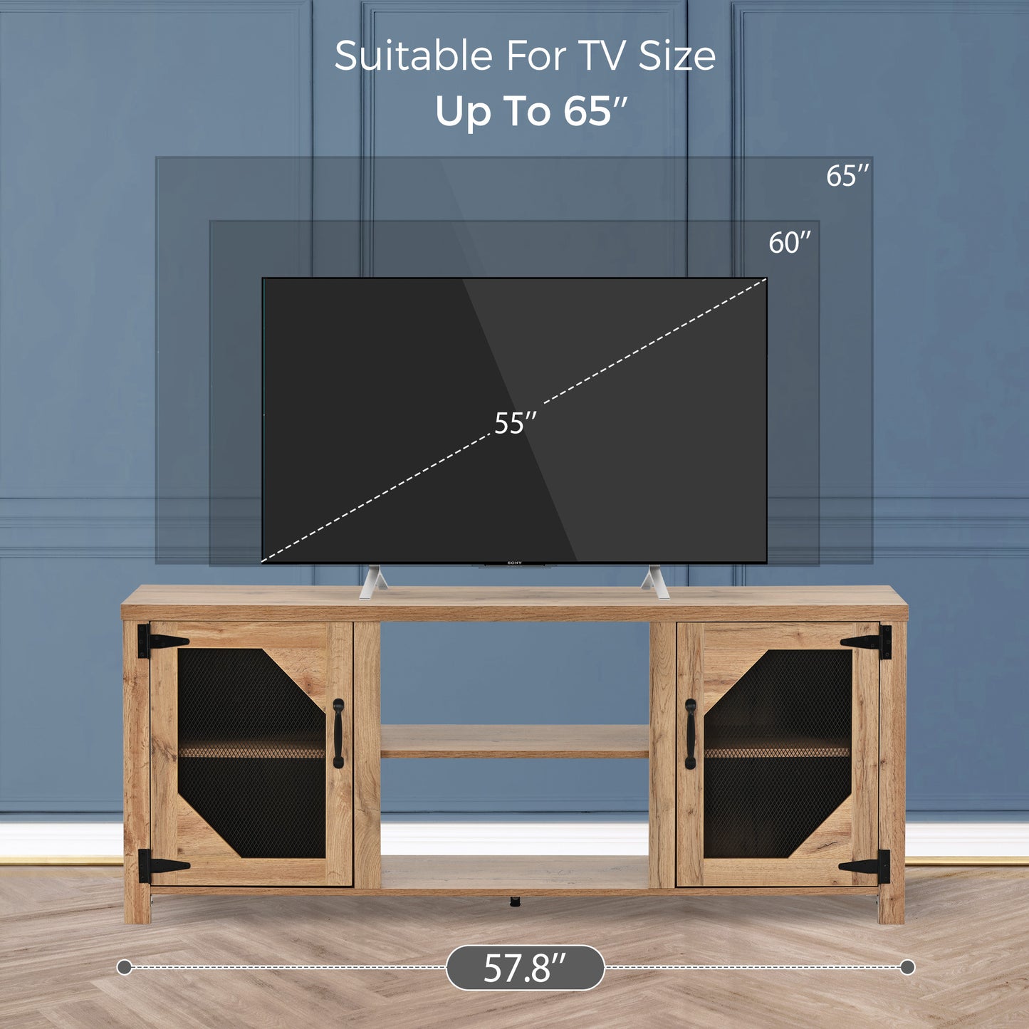 Melysen Modern TV Stand for 65" TV with Large Storage Space, 3 Levels Adjustable shelves, Magnetic Cabinet Door, Entertainment Center for Living Room, Bedroom,Natural Wood