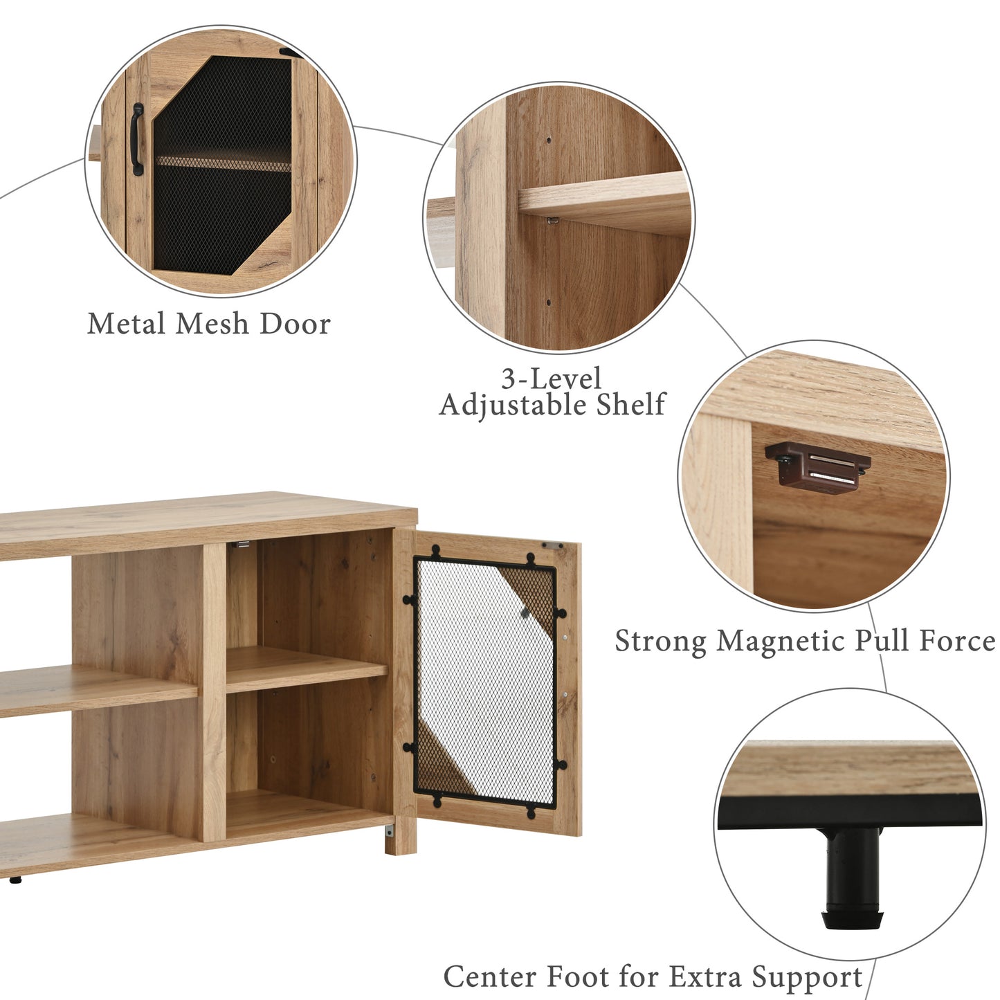 Melysen Modern TV Stand for 65" TV with Large Storage Space, 3 Levels Adjustable shelves, Magnetic Cabinet Door, Entertainment Center for Living Room, Bedroom,Natural Wood