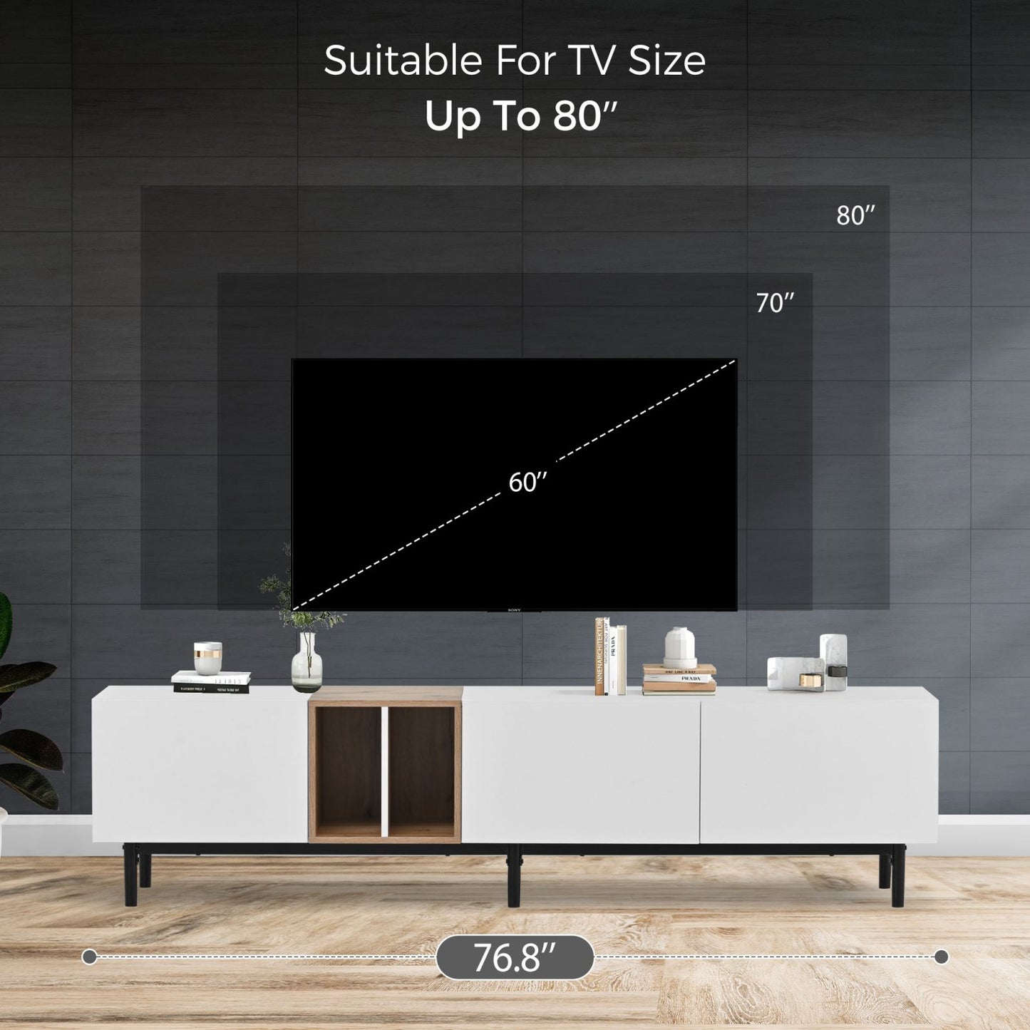 Melysen Modern TV Stand for 80" TV with 3 Doors, Media Console Table, Entertainment Center with Large Storage Cabinet for Living Room, Bedroom,White