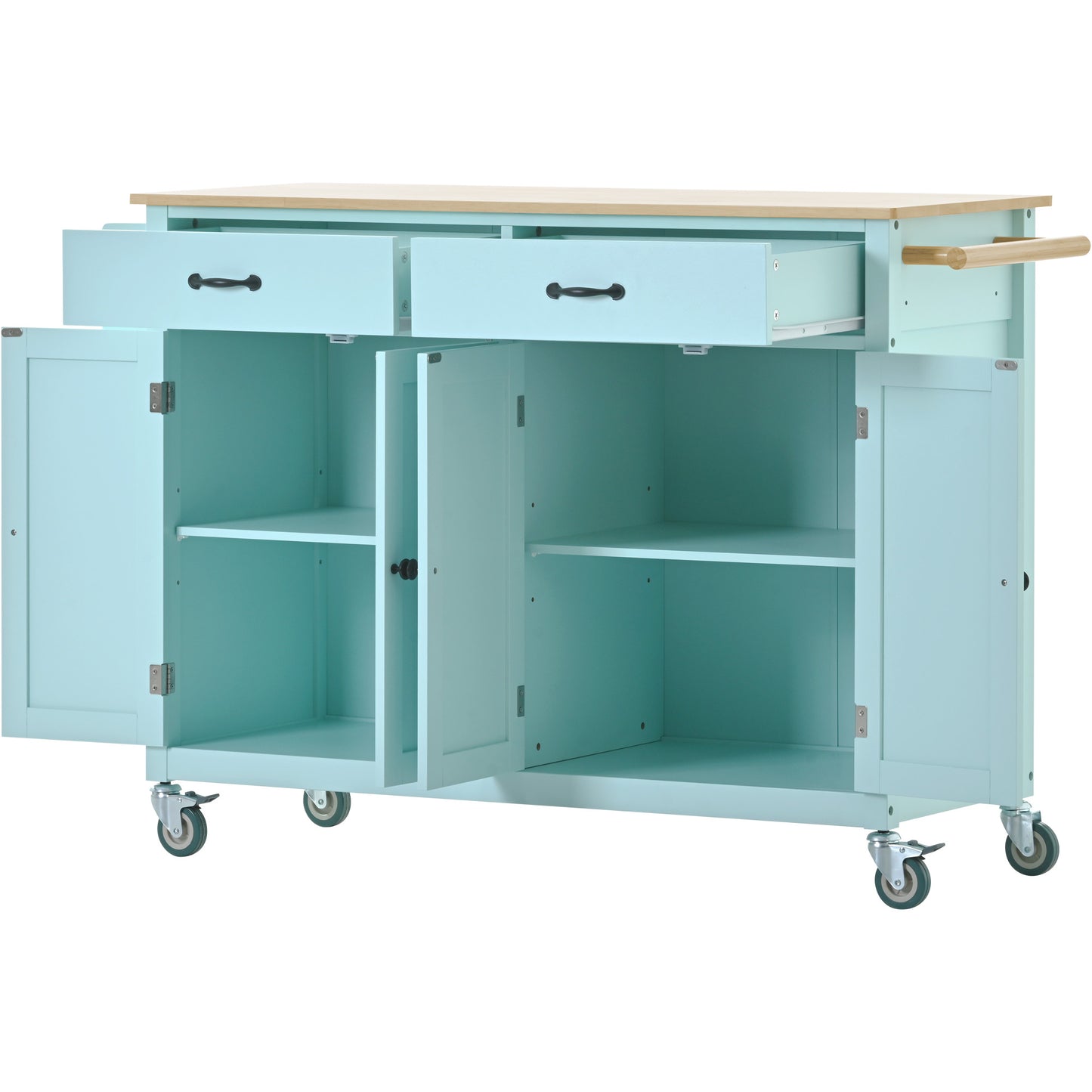 Melysen Kitchen Island Cart with 4 Door Cabinet and Two Drawers and 2 Locking Wheels - Solid Wood Top, Adjustable Shelves, Spice & Towel Rack(Mint Green)