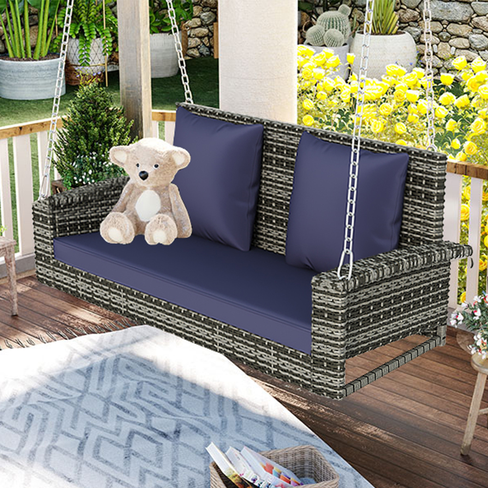 Melysen 2-Person Wicker Hanging Porch Swing with Chains, Cushion, Pillow, Rattan Swing Bench for Garden, Backyard, Pond. (Gray Wicker, Blue Cushion)