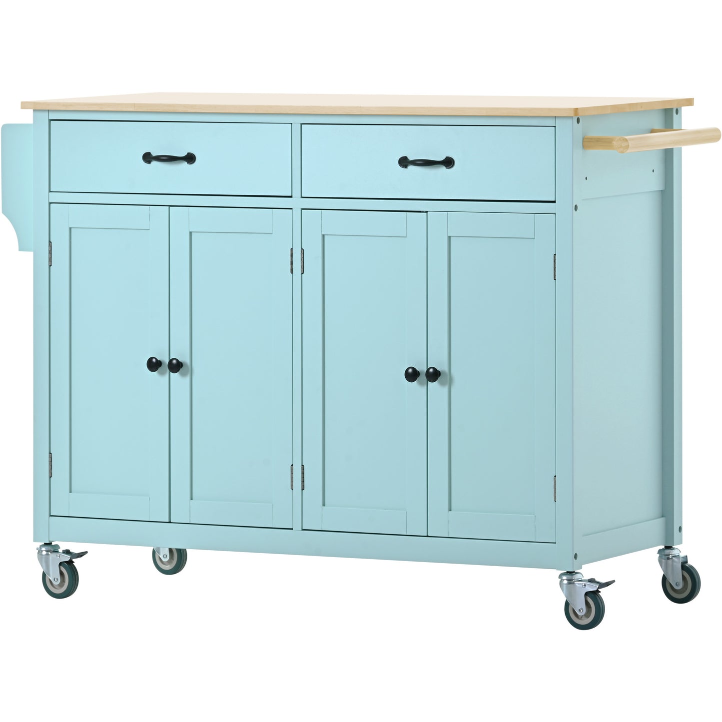 Melysen Kitchen Island Cart with 4 Door Cabinet and Two Drawers and 2 Locking Wheels - Solid Wood Top, Adjustable Shelves, Spice & Towel Rack(Mint Green)