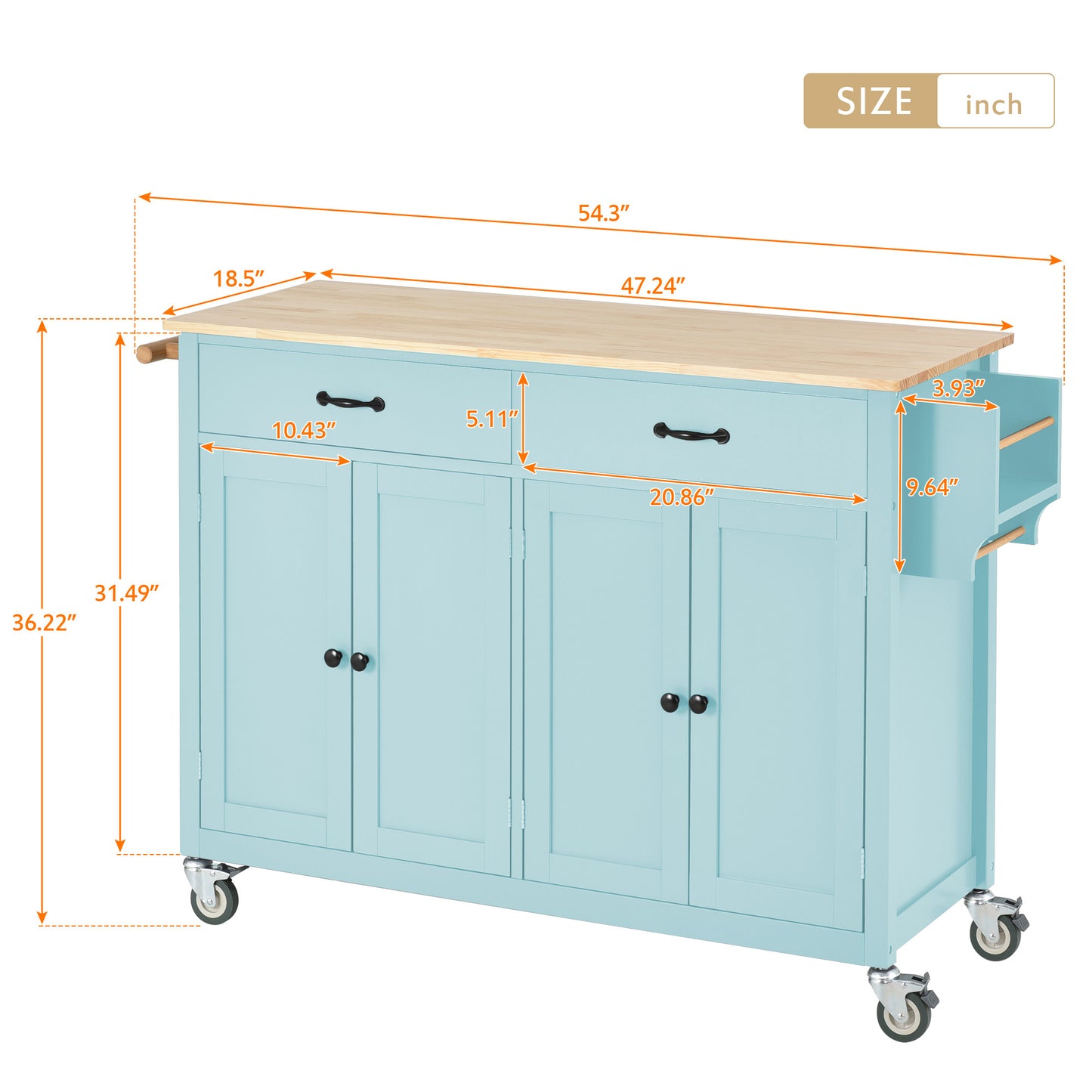 Melysen Kitchen Island Cart with 4 Door Cabinet and Two Drawers and 2 Locking Wheels - Solid Wood Top, Adjustable Shelves, Spice & Towel Rack(Mint Green)