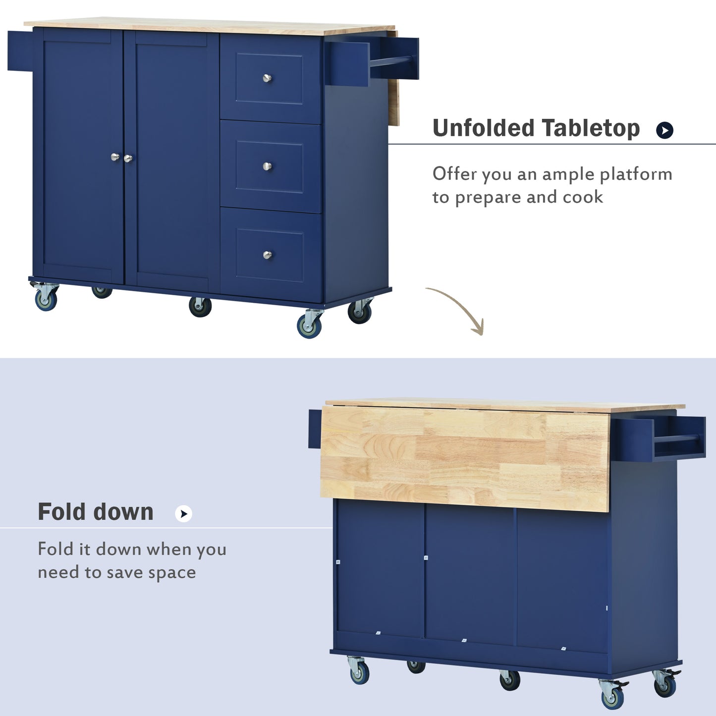 Melysen Rolling Mobile Kitchen Island with Drop Leaf - Solid Wood Top, Locking Wheels & Storage Cabinet 52.7 Inch Width(Dark blue)