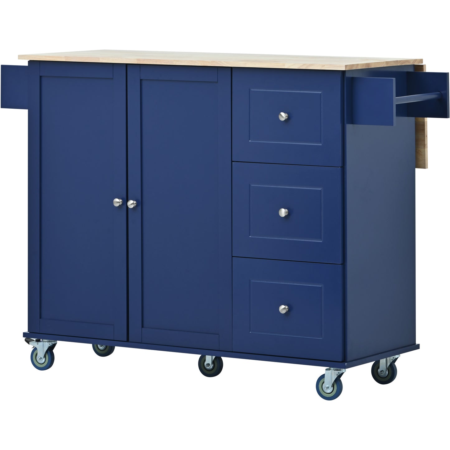 Melysen Rolling Mobile Kitchen Island with Drop Leaf - Solid Wood Top, Locking Wheels & Storage Cabinet 52.7 Inch Width(Dark blue)