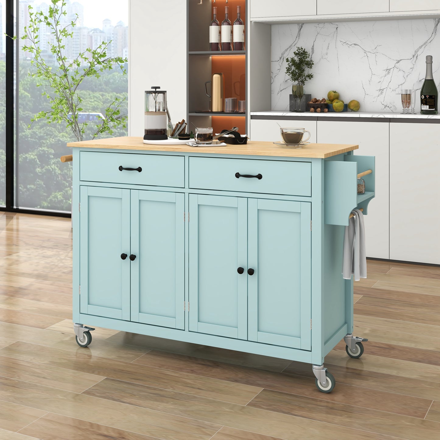 Melysen Kitchen Island Cart with 4 Door Cabinet and Two Drawers and 2 Locking Wheels - Solid Wood Top, Adjustable Shelves, Spice & Towel Rack(Mint Green)