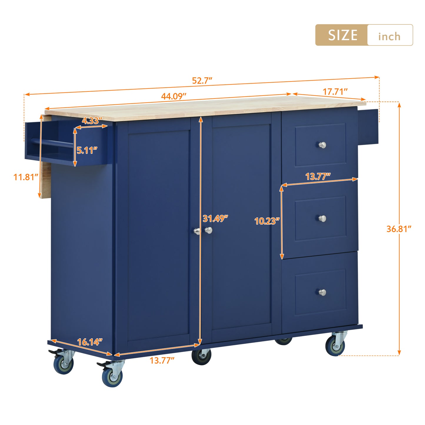 Melysen Rolling Mobile Kitchen Island with Drop Leaf - Solid Wood Top, Locking Wheels & Storage Cabinet 52.7 Inch Width(Dark blue)