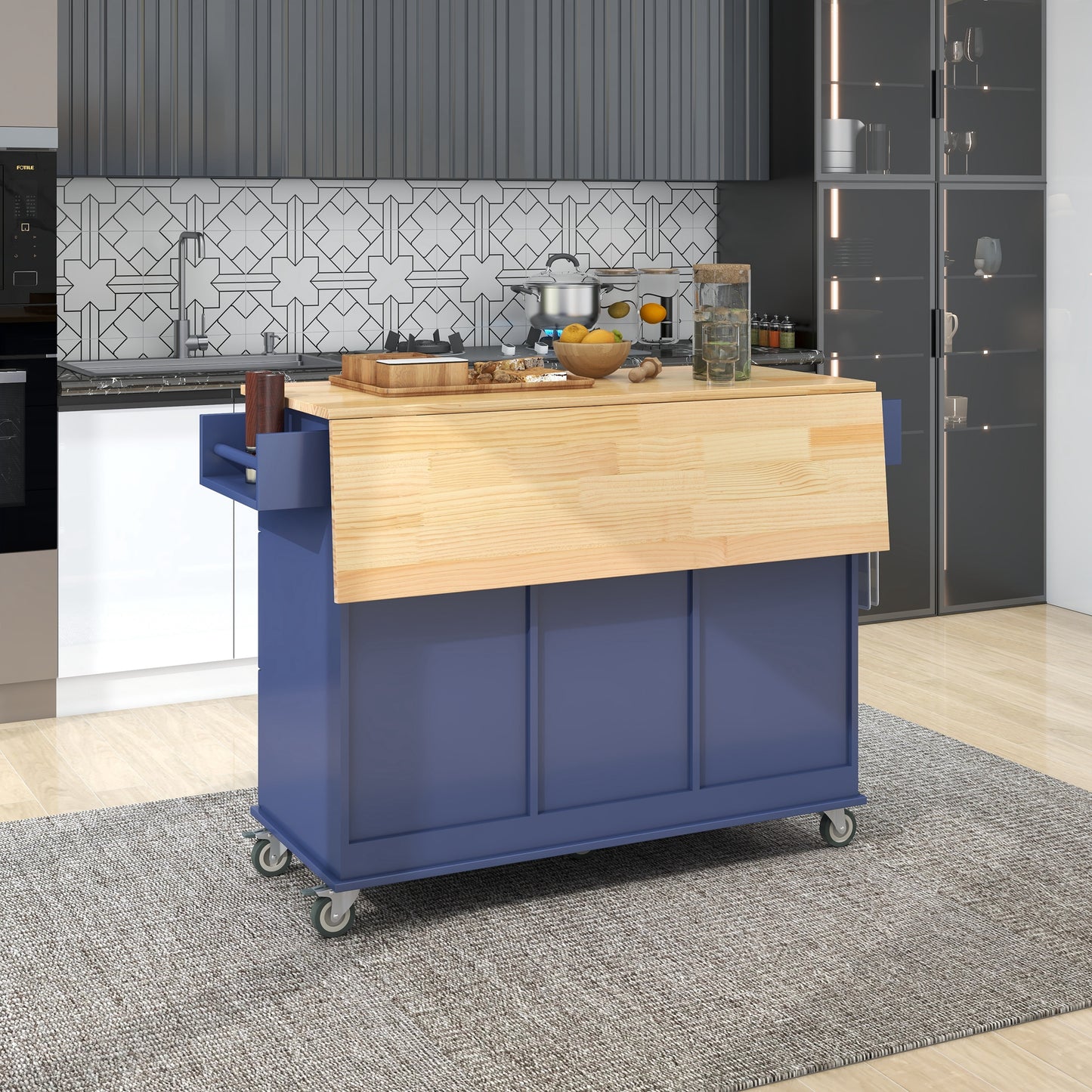 Melysen Rolling Mobile Kitchen Island with Drop Leaf - Solid Wood Top, Locking Wheels & Storage Cabinet 52.7 Inch Width(Dark blue)