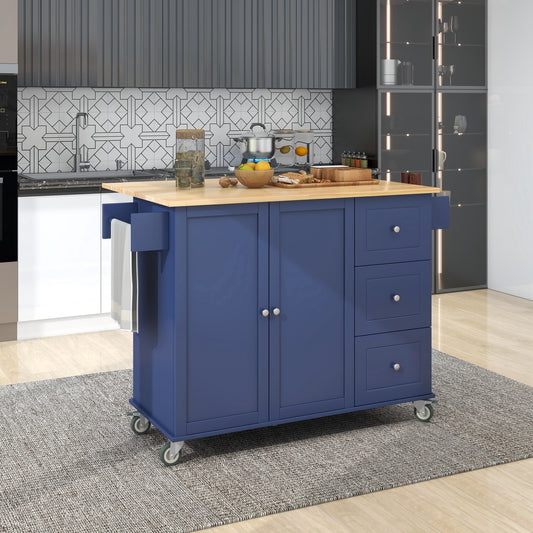 Melysen Rolling Mobile Kitchen Island with Drop Leaf - Solid Wood Top, Locking Wheels & Storage Cabinet 52.7 Inch Width(Dark blue)