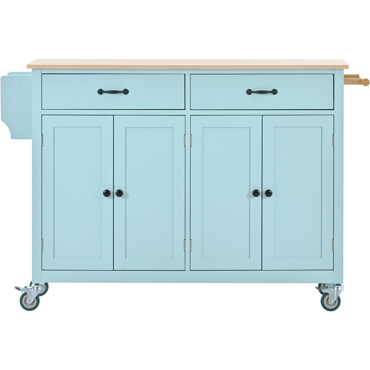 Melysen Kitchen Island Cart with 4 Door Cabinet and Two Drawers and 2 Locking Wheels - Solid Wood Top, Adjustable Shelves, Spice & Towel Rack(Mint Green)