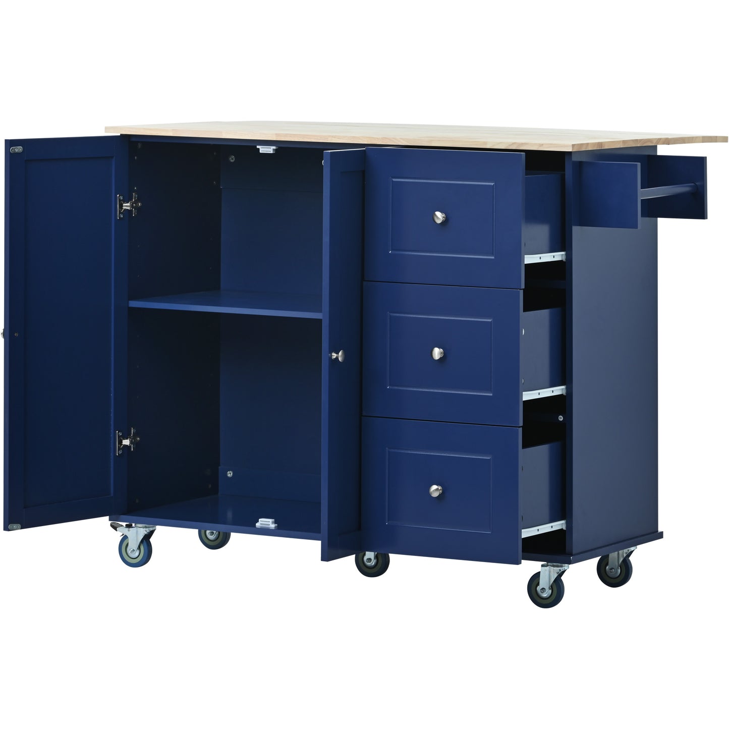 Melysen Rolling Mobile Kitchen Island with Drop Leaf - Solid Wood Top, Locking Wheels & Storage Cabinet 52.7 Inch Width(Dark blue)