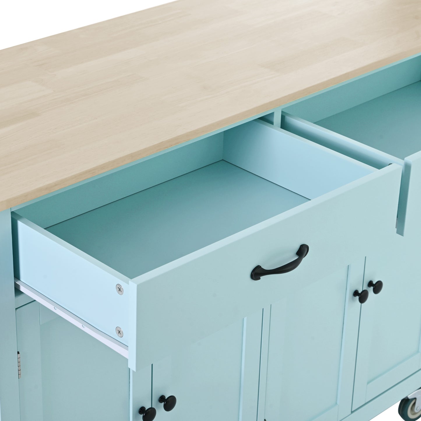 Melysen Kitchen Island Cart with 4 Door Cabinet and Two Drawers and 2 Locking Wheels - Solid Wood Top, Adjustable Shelves, Spice & Towel Rack(Mint Green)