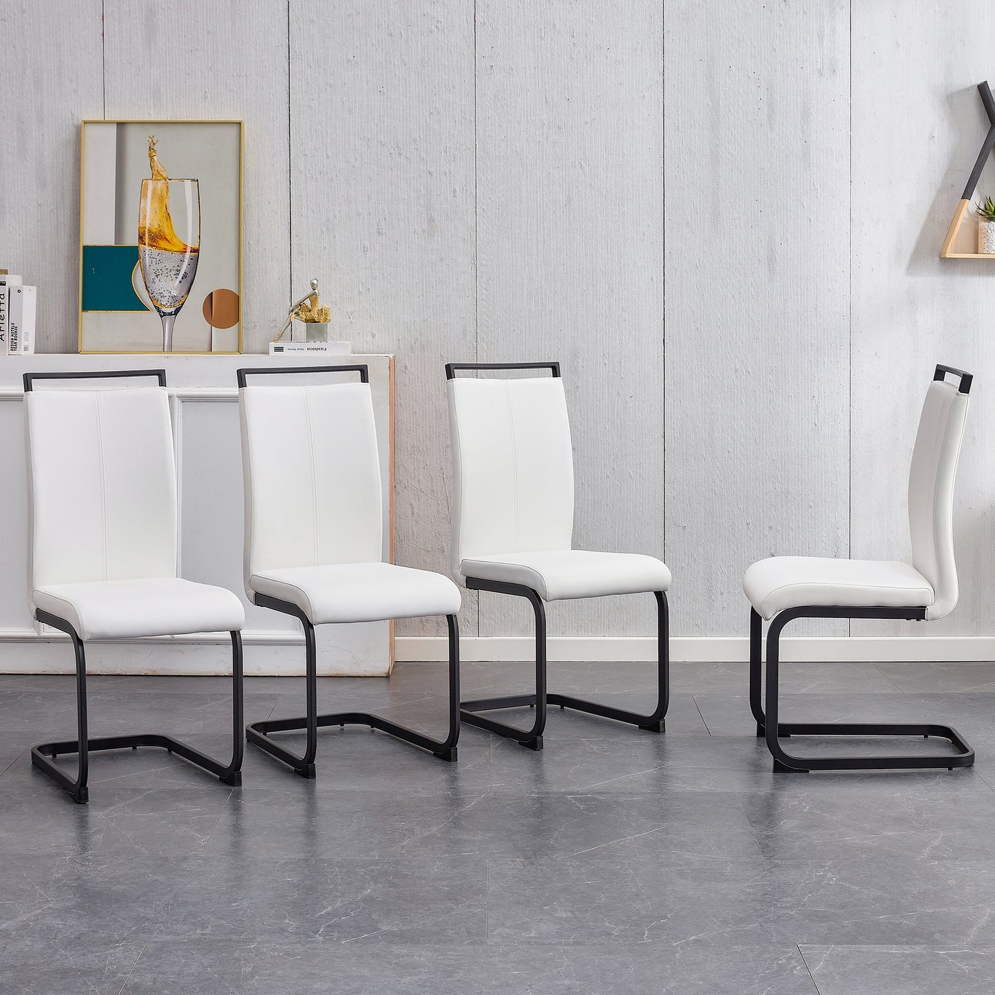 Melysen White Imitation Marble Desktop with Mdf Legs and Gold Metal Decorative Strips. Paired with 4 Dining Chairs with White Backrest and Black Metal Legs