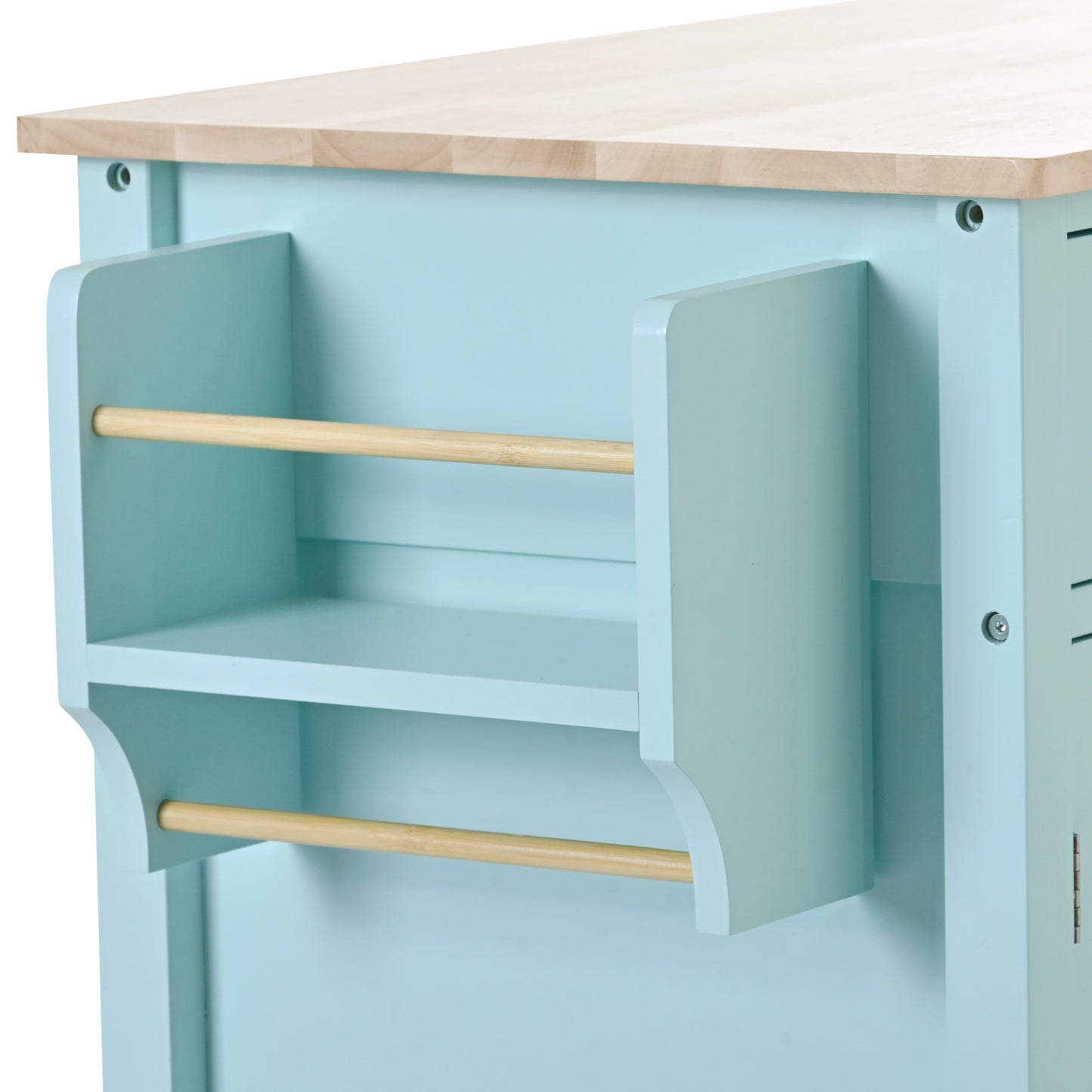 Melysen Kitchen Island Cart with 4 Door Cabinet and Two Drawers and 2 Locking Wheels - Solid Wood Top, Adjustable Shelves, Spice & Towel Rack(Mint Green)