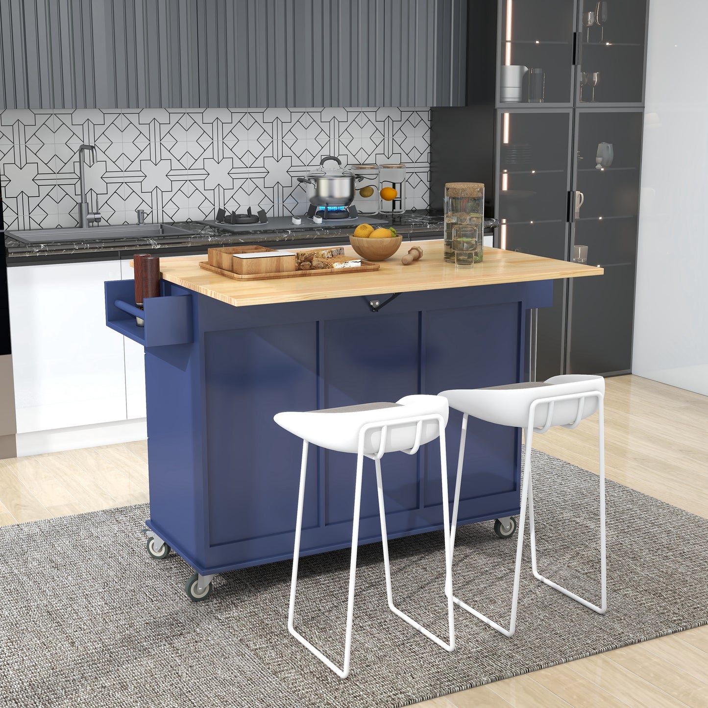 Melysen Rolling Mobile Kitchen Island with Drop Leaf - Solid Wood Top, Locking Wheels & Storage Cabinet 52.7 Inch Width(Dark blue)