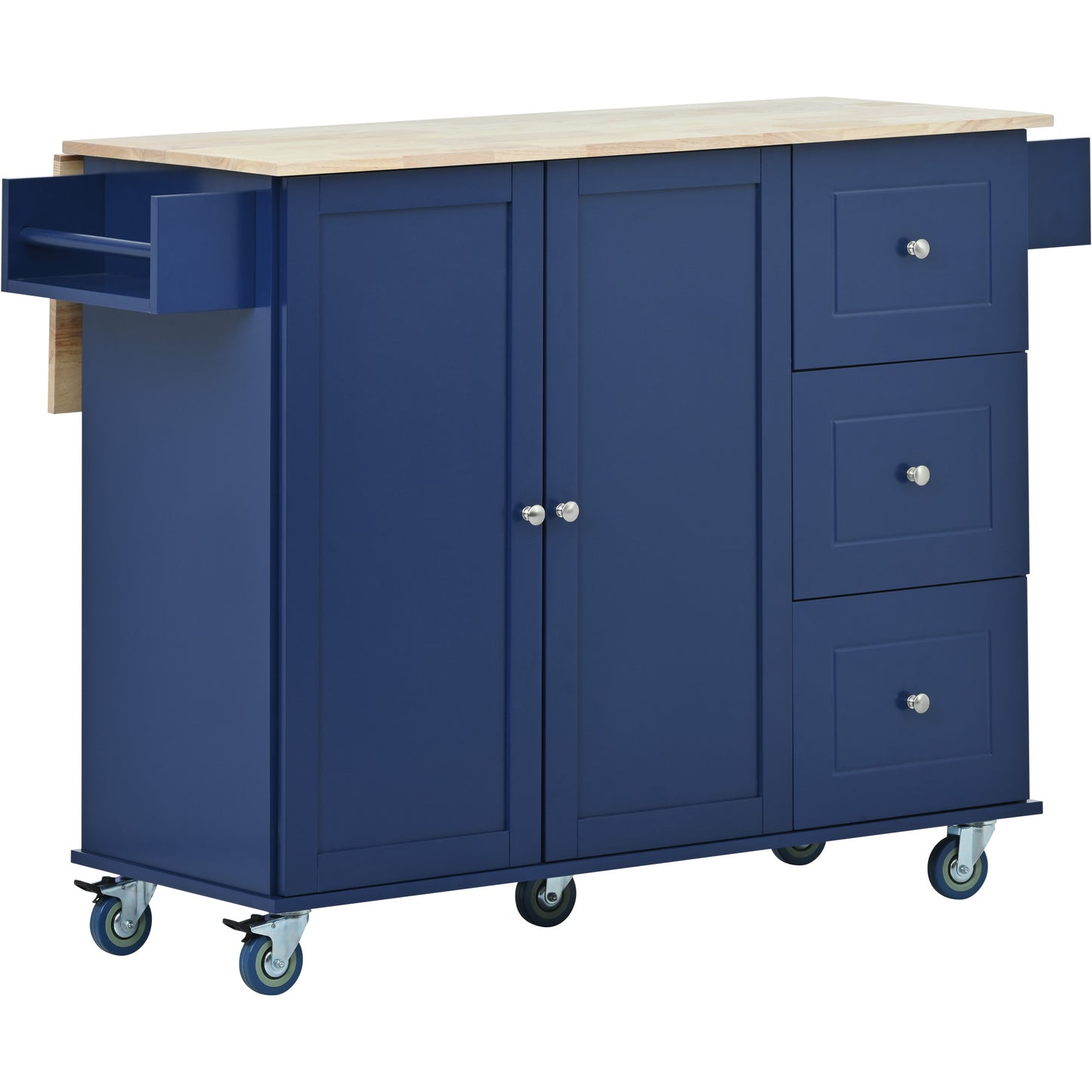 Melysen Rolling Mobile Kitchen Island with Drop Leaf - Solid Wood Top, Locking Wheels & Storage Cabinet 52.7 Inch Width(Dark blue)