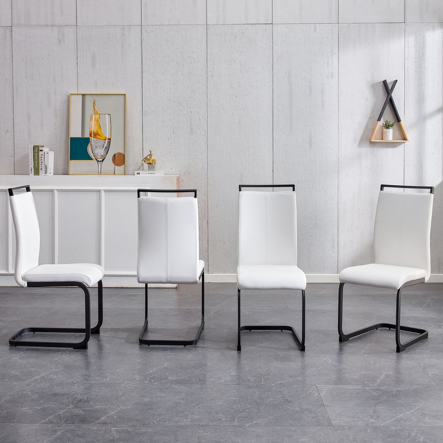 Melysen Black Imitation Marble Desktop with Mdf Legs.4 Dining Chairs with White Pu Backrest Cushions and Black Metal Legs