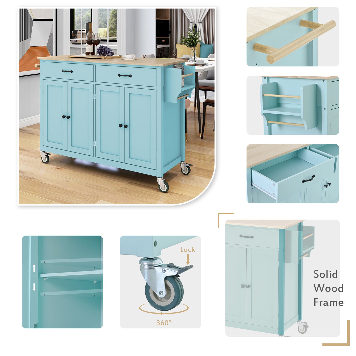 Melysen Kitchen Island Cart with 4 Door Cabinet and Two Drawers and 2 Locking Wheels - Solid Wood Top, Adjustable Shelves, Spice & Towel Rack(Mint Green)