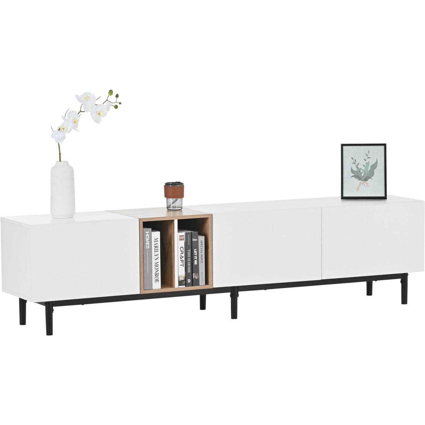 Melysen Modern TV Stand for 80" TV with 3 Doors, Media Console Table, Entertainment Center with Large Storage Cabinet for Living Room, Bedroom,White