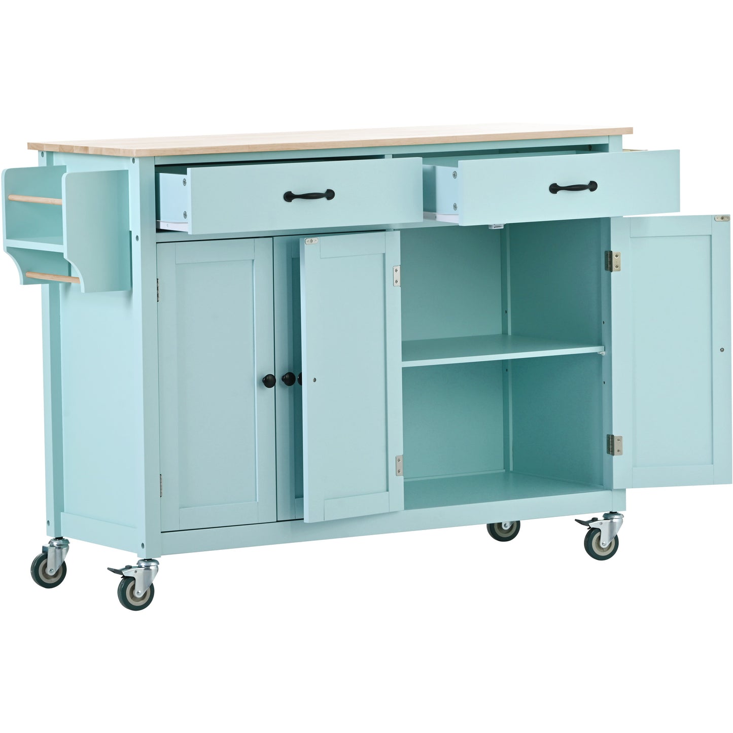 Melysen Kitchen Island Cart with 4 Door Cabinet and Two Drawers and 2 Locking Wheels - Solid Wood Top, Adjustable Shelves, Spice & Towel Rack(Mint Green)