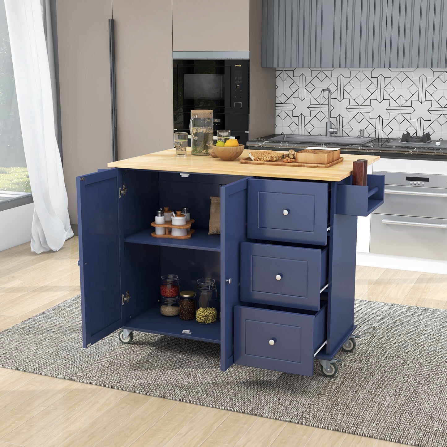 Melysen Rolling Mobile Kitchen Island with Drop Leaf - Solid Wood Top, Locking Wheels & Storage Cabinet 52.7 Inch Width(Dark blue)