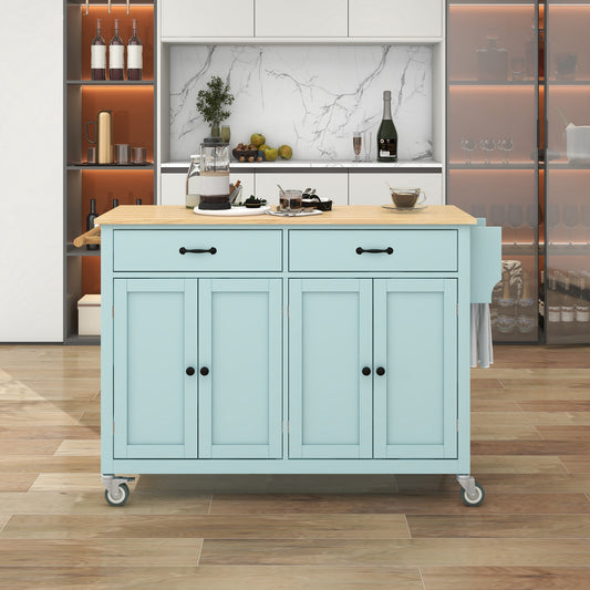 Melysen Kitchen Island Cart with 4 Door Cabinet and Two Drawers and 2 Locking Wheels - Solid Wood Top, Adjustable Shelves, Spice & Towel Rack(Mint Green)