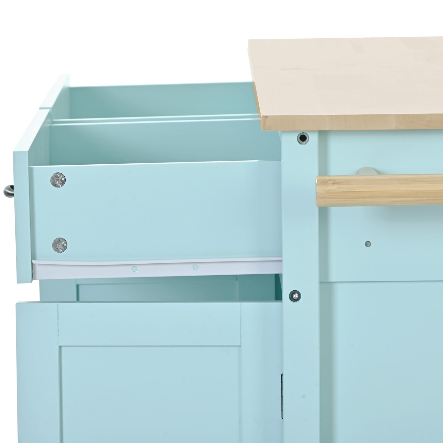 Melysen Kitchen Island Cart with 4 Door Cabinet and Two Drawers and 2 Locking Wheels - Solid Wood Top, Adjustable Shelves, Spice & Towel Rack(Mint Green)