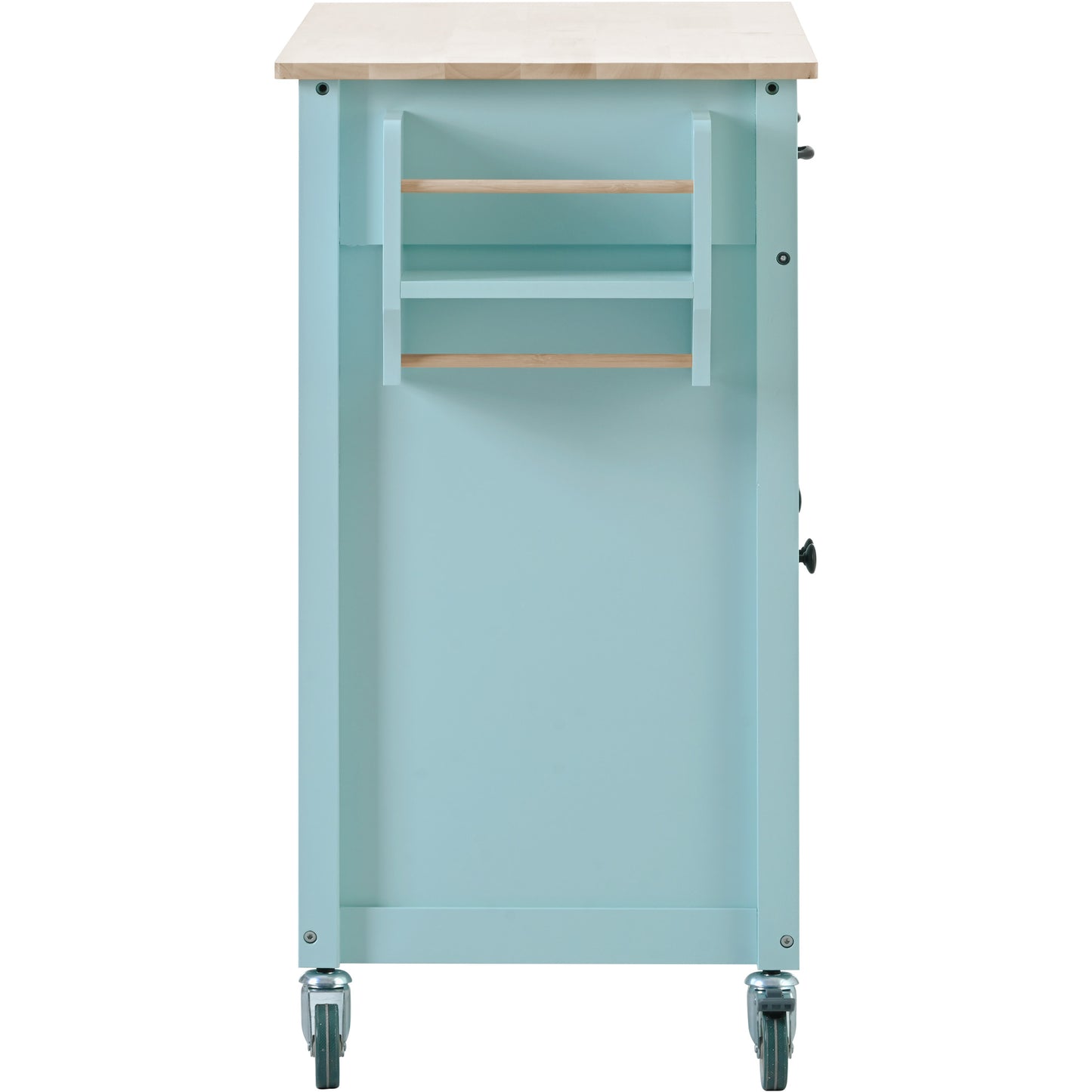 Melysen Kitchen Island Cart with 4 Door Cabinet and Two Drawers and 2 Locking Wheels - Solid Wood Top, Adjustable Shelves, Spice & Towel Rack(Mint Green)